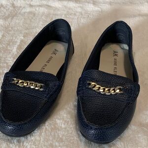 Anne Klein Dark Blue Loafers with Gold Accent